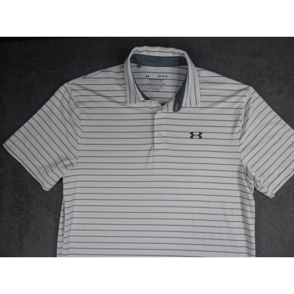 Under Armour Playoff Polo Mens Large White Grey Striped Short Sleeve Golf Shirt - Picture 1 of 12